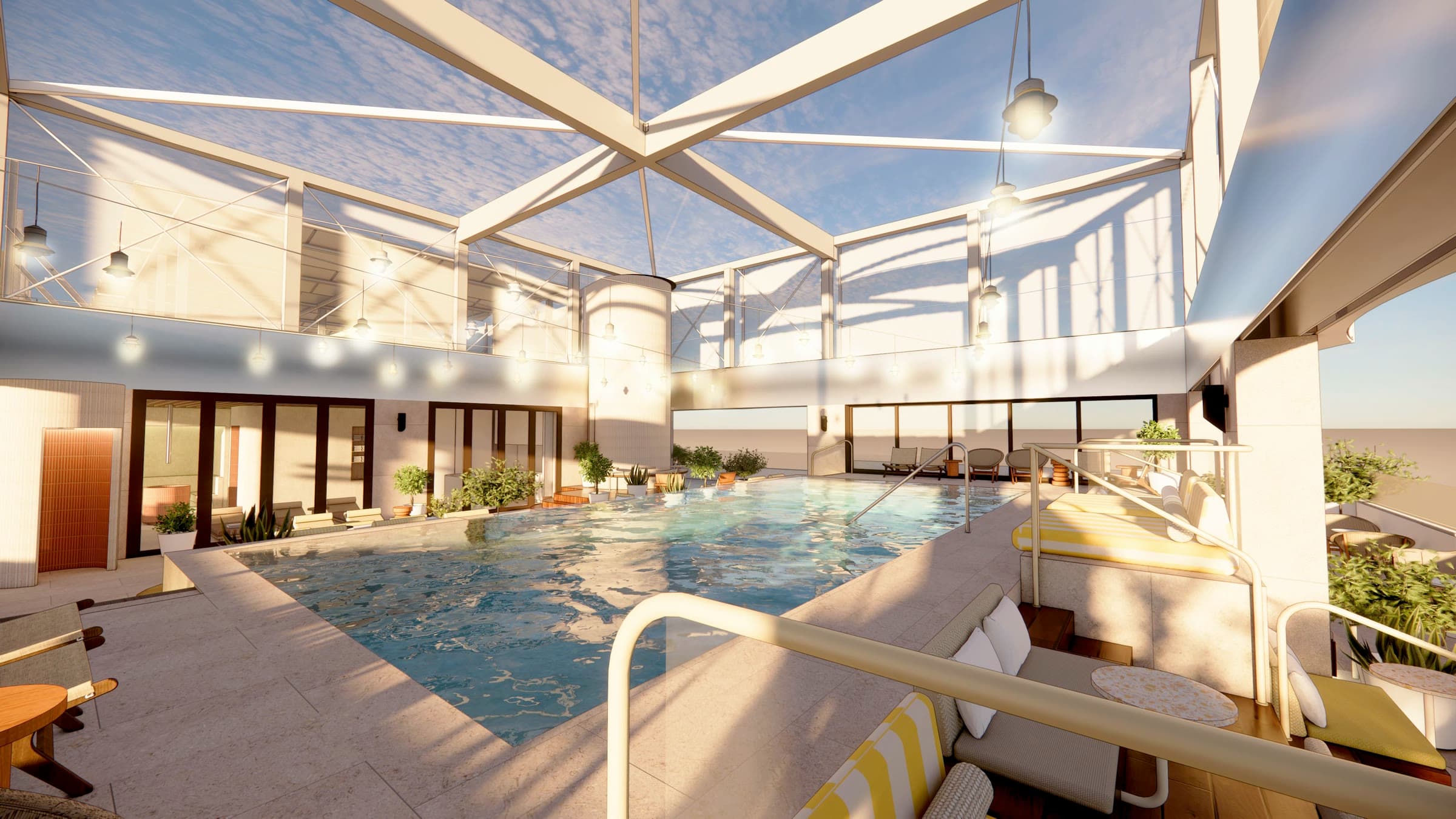 Zwembad op het pooldeck onder een open dakconstructie